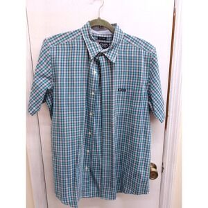 Chaps Mens Medium Teal Blue Plaid  Button Down Easy Care Shirt / #26372